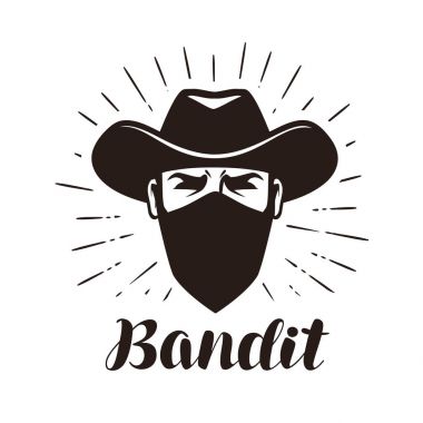 Kızgın haydut, gangster logo veya etiket. Maskeli kovboy portresi. Yazı vektör çizim