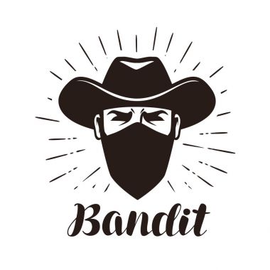Angry bandit, gangster logo or label. Portrait of cowboy in mask. Lettering vector illustration clipart