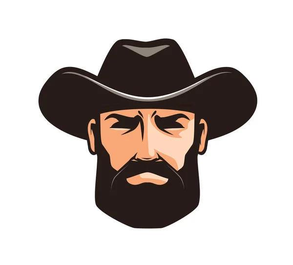 Logotipo ou etiqueta cowboy americano. Xerife, lutador, símbolo de rodeio. Desenhos animados ilustração vetorial — Vetor de Stock