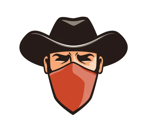 Arga thug i mask. Cowboy, rånare, bandit i hatt. Tecknade vektorillustration — Stock vektor