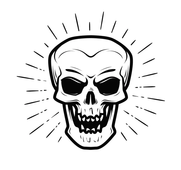 Eng menselijke schedel. Jolly Roger, halloween, zombie, skelet, dood symbool. Vectorillustratie — Stockvector