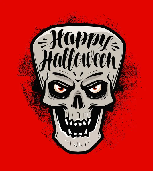 Feliz Halloween, tarjeta de felicitación. Cráneo o monstruo aterrador. Letras vector ilustración — Vector de stock