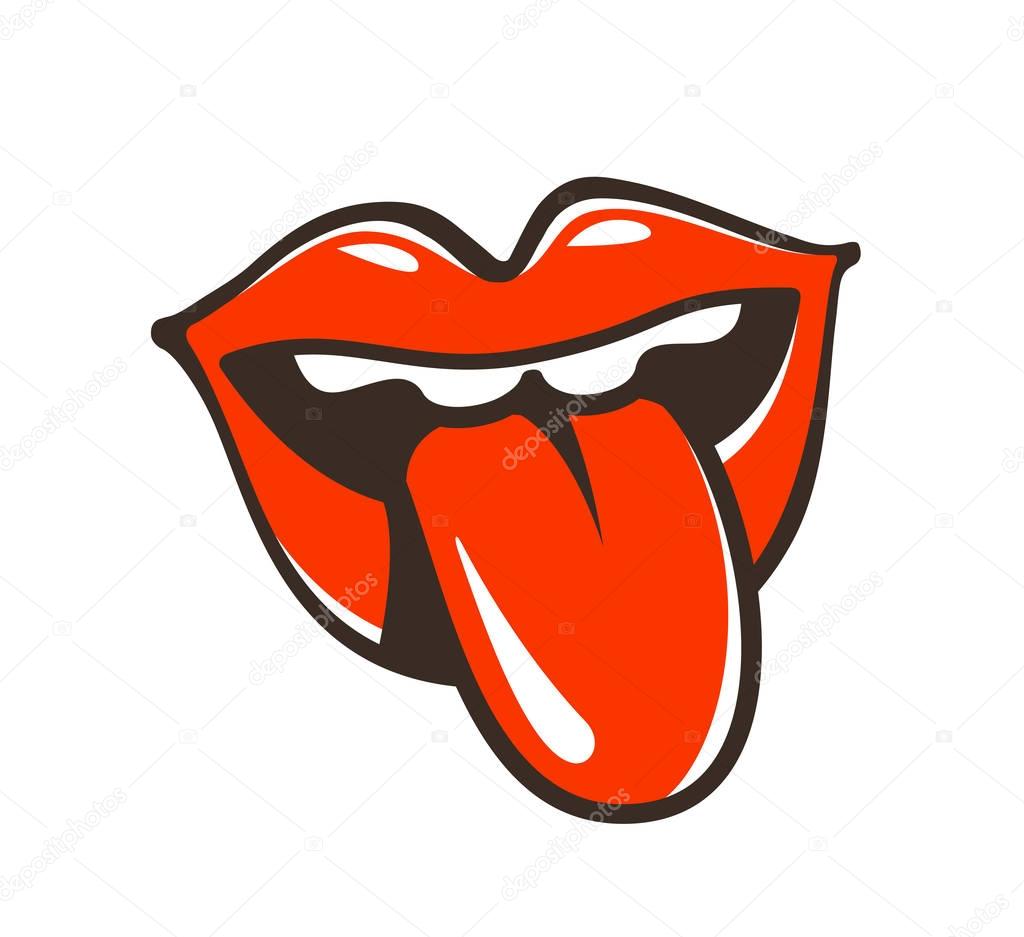 Lips, mouth, protruding tongue symbol or icon. Seduction, kiss, erotic, seduction, sex label. Cartoon vector illustration