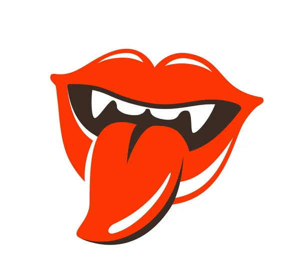 Lippen, mond met tanden label of het pictogram. Vrouw vamp, uitstekende tong symbool. Cartoon vectorillustratie — Stockvector