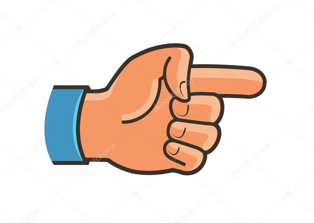 Pointing hand symbol. Forefinger, index finger, gesture label or icon. Cartoon vector illustration