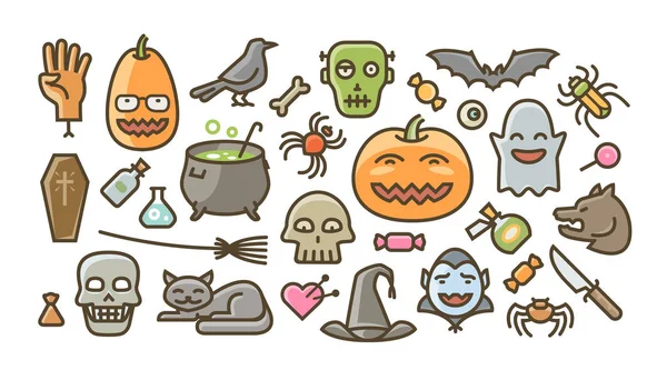 Halloween sada ikon. Ze svátečních symbolů. Kreslené vektorové ilustrace — Stockový vektor