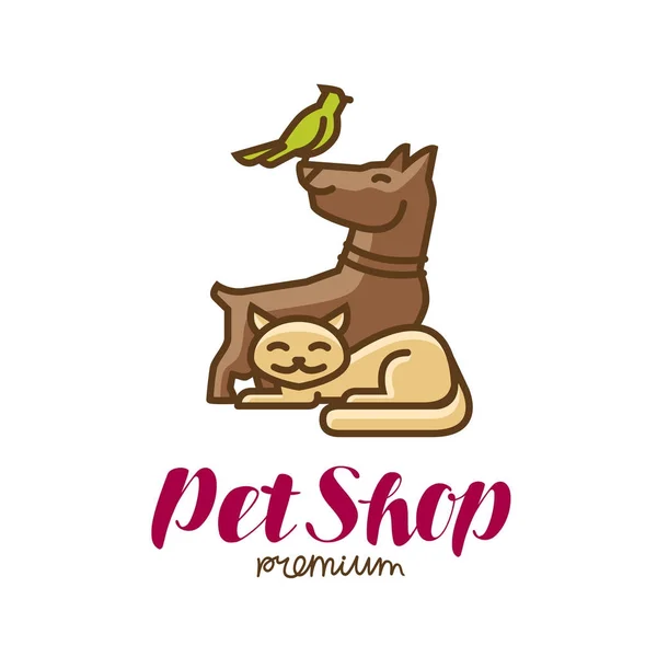 Этикетка или логотип зоомагазина. Животные, попугай, собака, кошка. Векторная иллюстрация — стоковый вектор