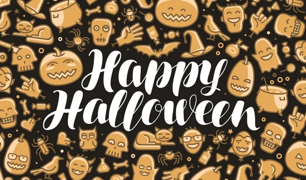 Feliz Halloween, tarjeta de felicitación o banner. Fiesta, festival, concepto de celebración. Letras vector ilustración — Vector de stock