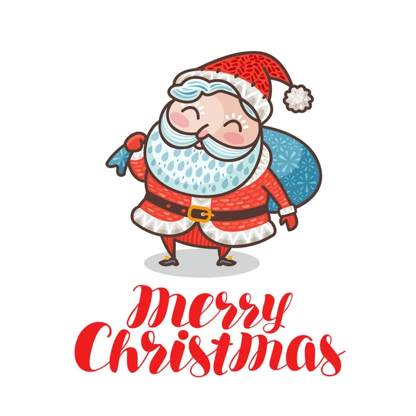 Feliz Navidad, tarjeta de felicitación o pancarta. Lindo Santa Claus con bolsa llena de regalos. Dibujos animados vector ilustración — Vector de stock
