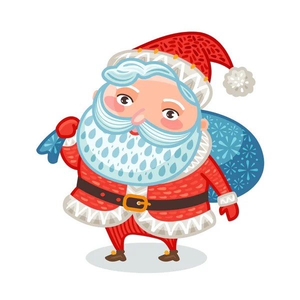 Lindo Santa Claus con bolsa llena de regalos. Navidad, Navidad, símbolo de año nuevo. Ilustración vectorial decorativa — Vector de stock