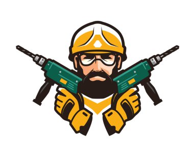 İnşaatı İşi, onarım kavramı. Elinde araçlarla Builder. Vektör çizim