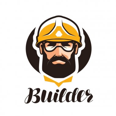 Oluşturucu'yu, Oluşturucu logo. Sanayi, destek, servis, tamir, revizyon simgesini veya simge. İşçi kask içinde portresi