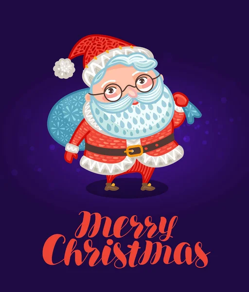 Feliz Navidad, tarjeta de felicitación o banner de Navidad. Feliz Santa Claus con una gran bolsa llena de regalos. Ilustración vectorial — Vector de stock