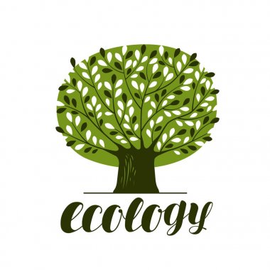 Doğa, ekoloji, orman logo veya etiket. İle soyut yeşil ağaç yaprak. Dekoratif vektör çizim