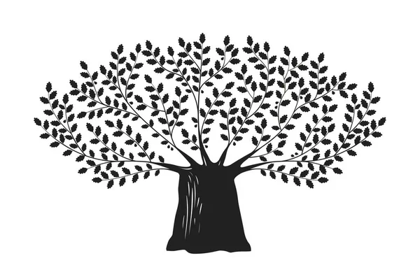 Árbol, logotipo o etiqueta de roble. Naturaleza, ecología, medio ambiente, vida, icono de la dinastía. Ilustración vectorial decorativa — Archivo Imágenes Vectoriales