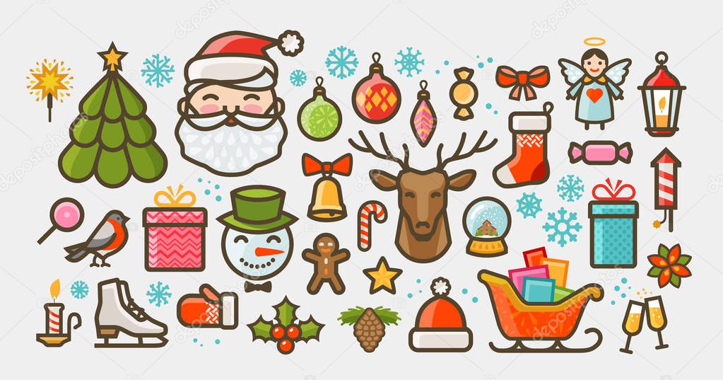 Christmas set of icons or symbols. Xmas concept. Vector illustration