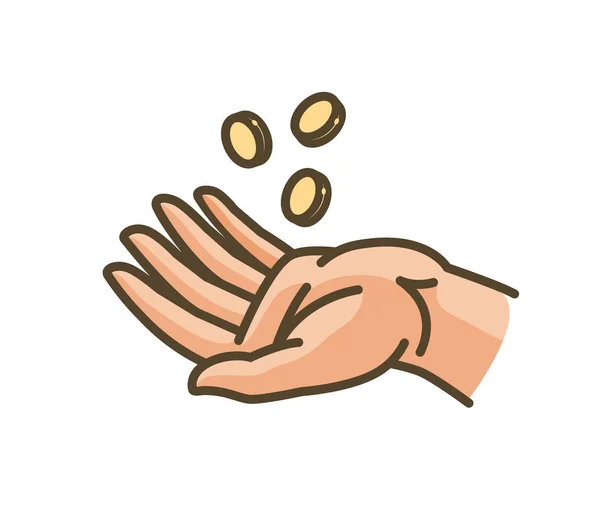 Mano y dinero o monedas de oro. Ganancias, efectivo, ganancias, ícono de ingresos. Ilustración vectorial — Vector de stock