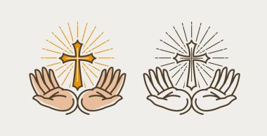 El ve çapraz, çarmıha gerilme. Tanrım, İncil, din, inanç, kilise, dua simge veya simge. Vektör çizim