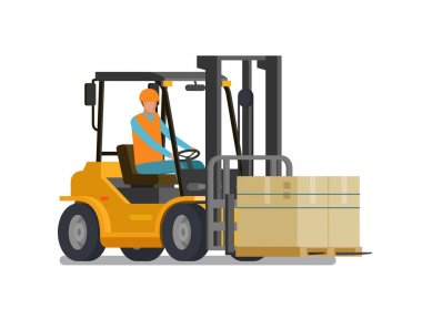 Forklift, kamyon kaldır. Ambar, Lojistik, depolama kavramı. Vektör çizim