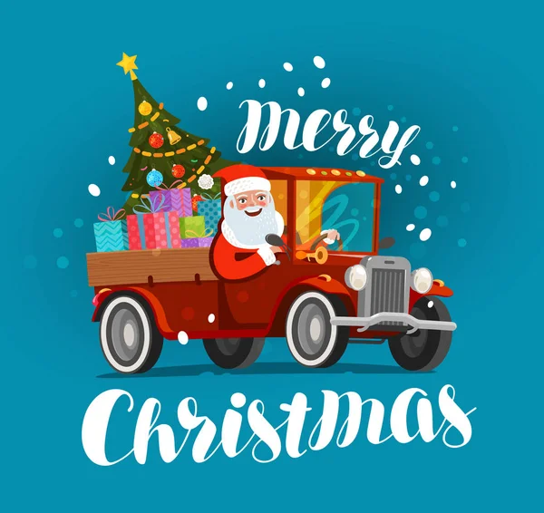 Merry Christmas, greeting card. Happy Santa Claus rides in retro car loaded with gifts. Xmas vector illustration — Stock Vector