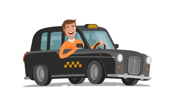 Happy řidič řídí taxi. Osobní doprava, auto, vozidlo koncepce. Kreslené vektorové ilustrace — Stockový vektor