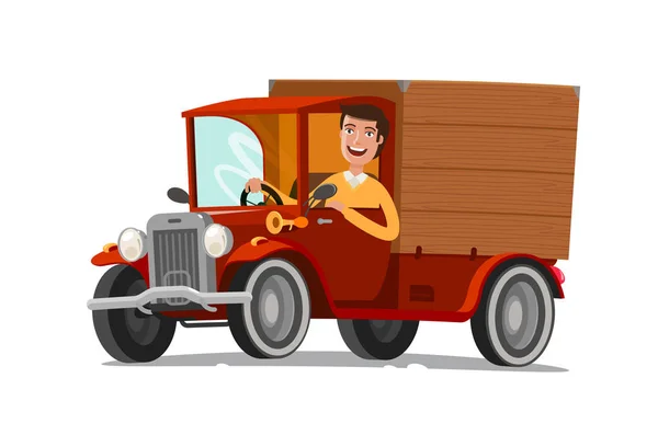 Gelukkig bestuurder rijdt op retro truck. Levering, landbouw, concept. Cartoon vectorillustratie — Stockvector