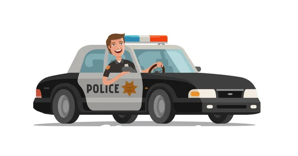 Il poliziotto felice sale sulla macchina della polizia con le luci lampeggianti. Illustrazione vettoriale cartone animato — Vettoriale Stock