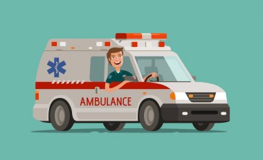 Mutlu doktor araba üzerinde olacak. Ambulans Servisi, acil bakım, hastane kavramı. Tıp vektör çizim