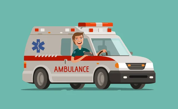 O médico feliz vai de carro. Serviço de ambulância, emergência, conceito de hospital. Ilustração vetorial medicina — Vetor de Stock