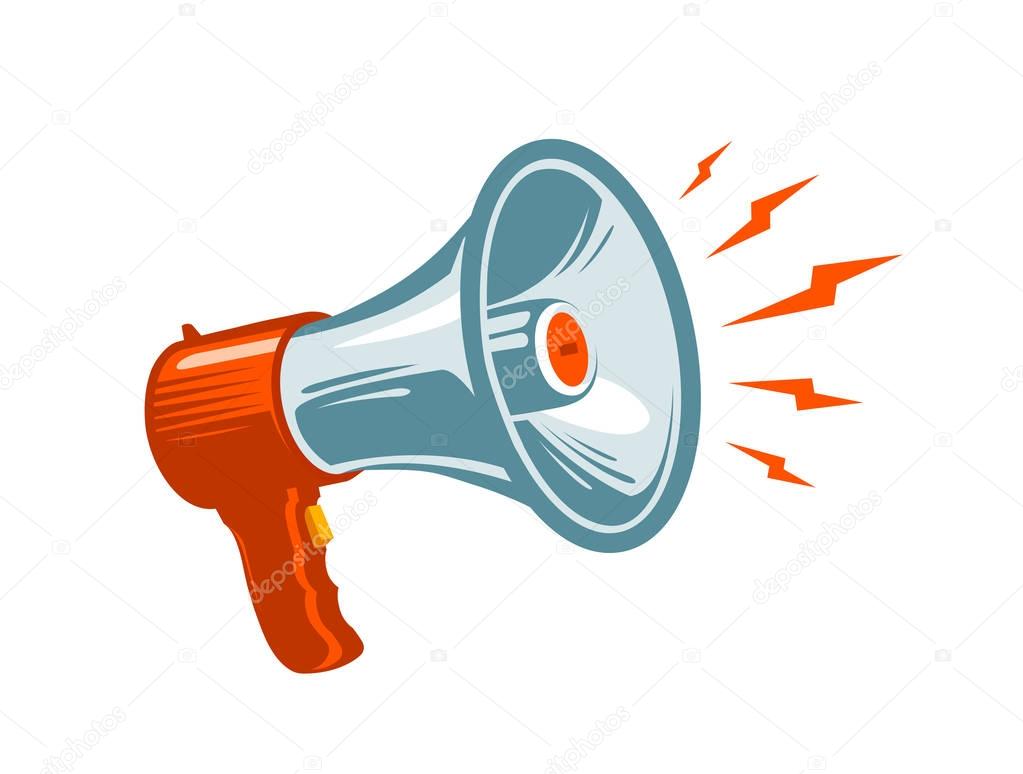 Megaphone, loudspeaker, mouthpiece symbol or icon. News, notice, notify, advertising, promotion concept. Vector illustration