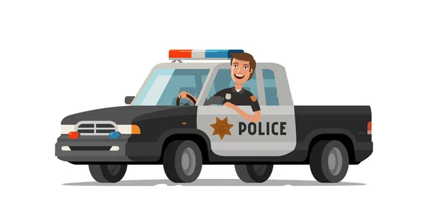 O xerife feliz anda de carro. Carrinha da polícia. Desenhos animados ilustração vetorial —  Vetores de Stock