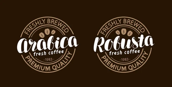 Koffie concept. Arabica, robusta stempel of label. Belettering, kalligrafie vector illustratie — Stockvector