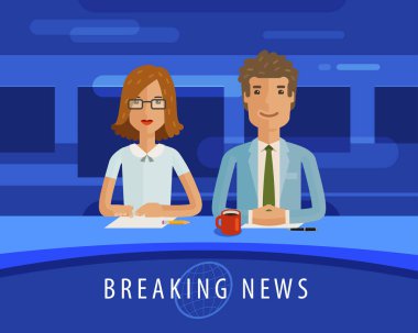 Breaking news. Anchorman on tv broadcast. Television, journalism, mass media concept. Vector flat illustration clipart
