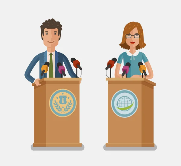 Orator speaking from tribune, podium. Press conference, interview concept. Vector flat illustration — Stock Vector