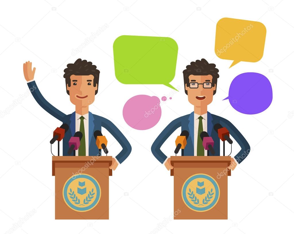 Man speaks from podium, tribune. Business concept. Vector flat illustration