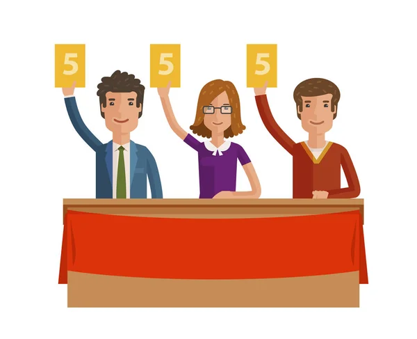 Group of judges jury. People hold up scorecards. Vector illustration — Stock Vector