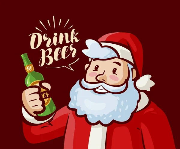 Санта Клаус с бутылкой пива в руке. Рождество, рождественская вечеринка. Мультфильм-векторная иллюстрация — стоковый вектор