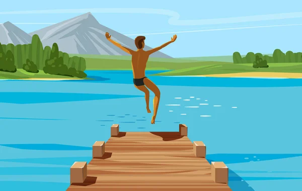 Vacation, weekend, relax concept. Young man jumping into lake or water. Vector illustration — Stock Vector