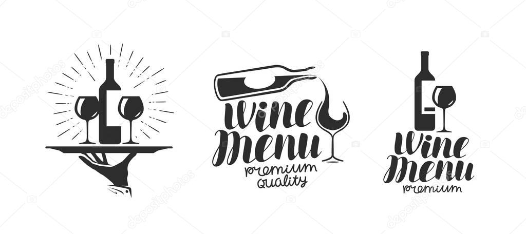 Wine, winery logo or icon, emblem. Label for menu design restaurant or cafe. Vector illustration isolated on white background