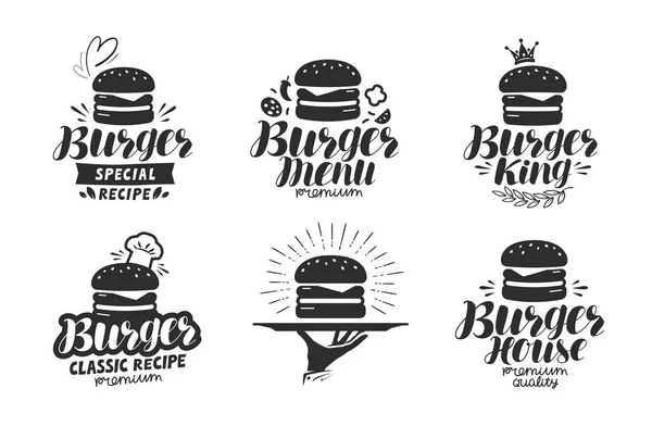 Burger, fast food logo or icon, emblem. Label for menu design restaurant or cafe. Lettering vector illustration — Stock Vector