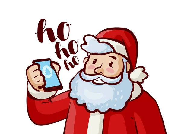 Feliz Papá Noel con el teléfono en la mano. Navidad, concepto de Navidad. Dibujos animados vector ilustración — Vector de stock