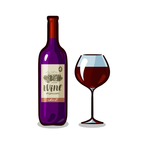 Bottiglia di vino e bicchiere. Cantina, bevanda alcolica, concetto di bevanda. Illustrazione vettoriale — Vettoriale Stock