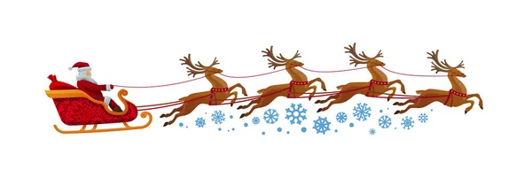 サンタ クロースはトナカイのそりに乗る。クリスマス、クリスマス、新年のコンセプトです。漫画のベクトル図 — ストックベクタ