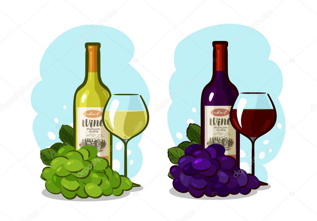 Bottle of red or white wine, glass and grapes. Winery concept. Cartoon vector illustration