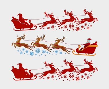 Santa Claus rides in sleigh pulled by reindeer. Christmas, xmas concept. Silhouette vector illustration clipart