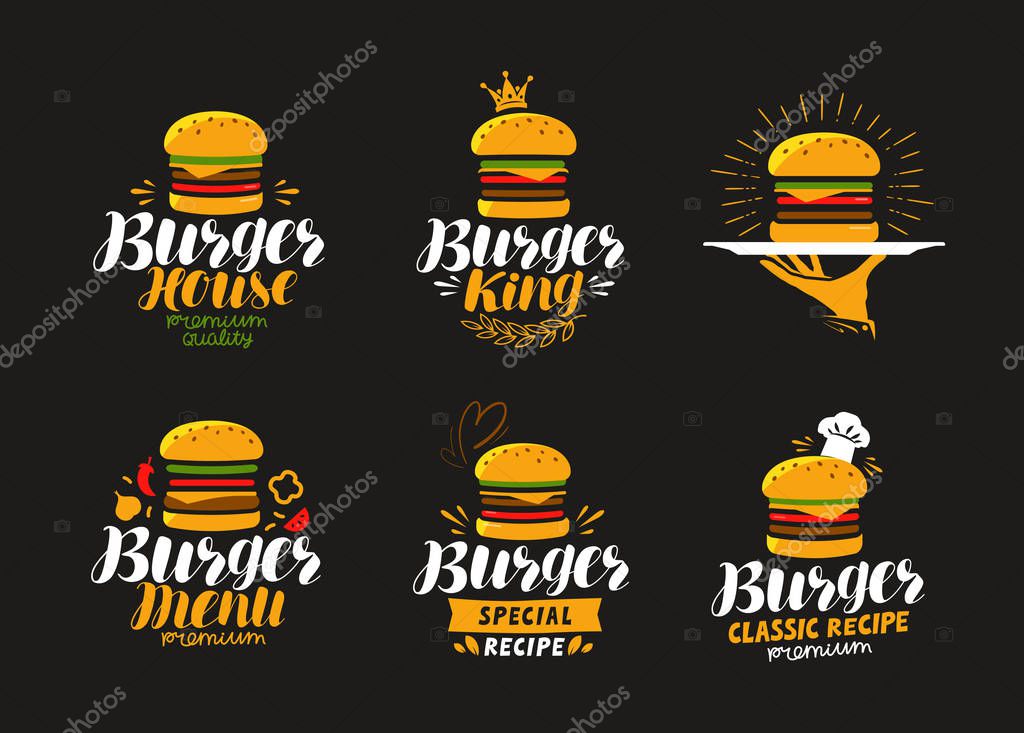 American food logo. Burger, cheeseburger, hamburger icon or label Vector