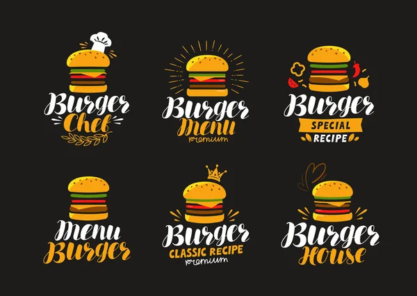 Burger logo nebo popisek. Rychlé občerstvení, jídlo koncept. Vektorové ilustrace — Stockový vektor