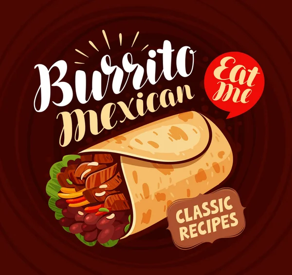 Comida mexicana, pancarta. Burrito, kebab, comida, concepto de comer. Letras vector ilustración — Archivo Imágenes Vectoriales