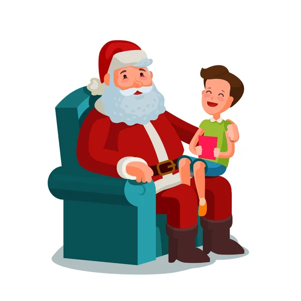 クリスマスやお正月。幸せな子供がサンタ クロースのひざの上に座っています。漫画のベクトル図 — ストックベクタ