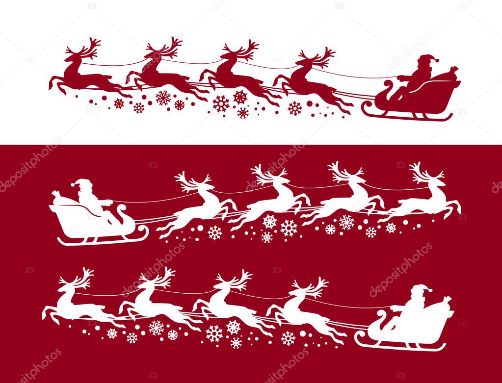 Santa Claus in sleigh with reindeer. Christmas, xmas concept. Silhouette vector illustration